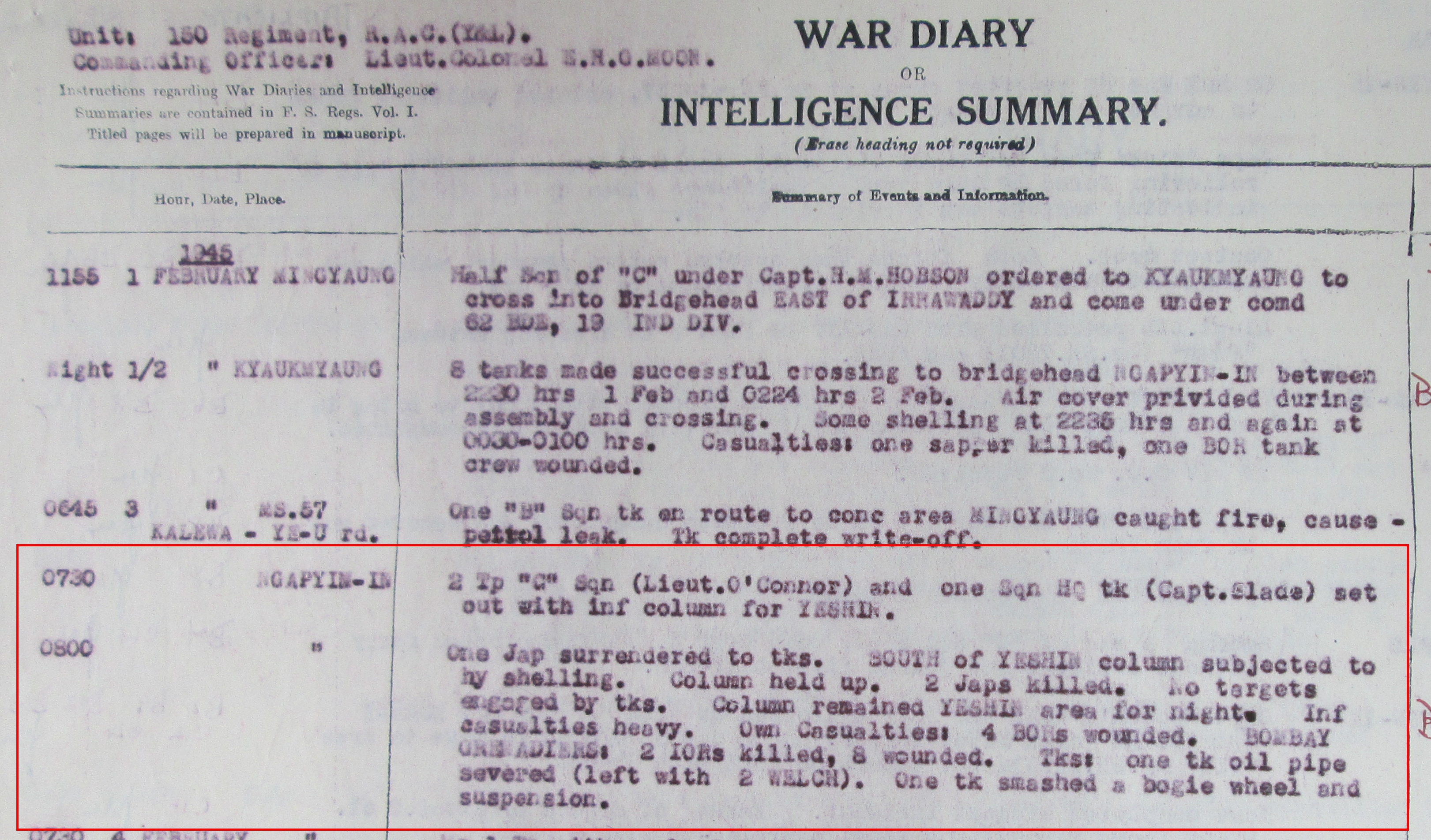 War diary 150th Regiment, R.A.C. - February 1945